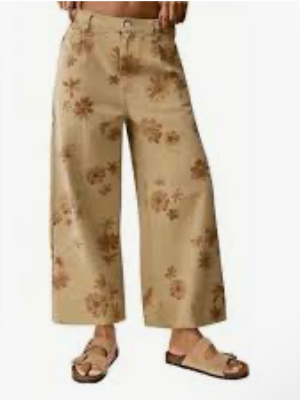Wide-Leg Floral Print Crop Pants - Beige